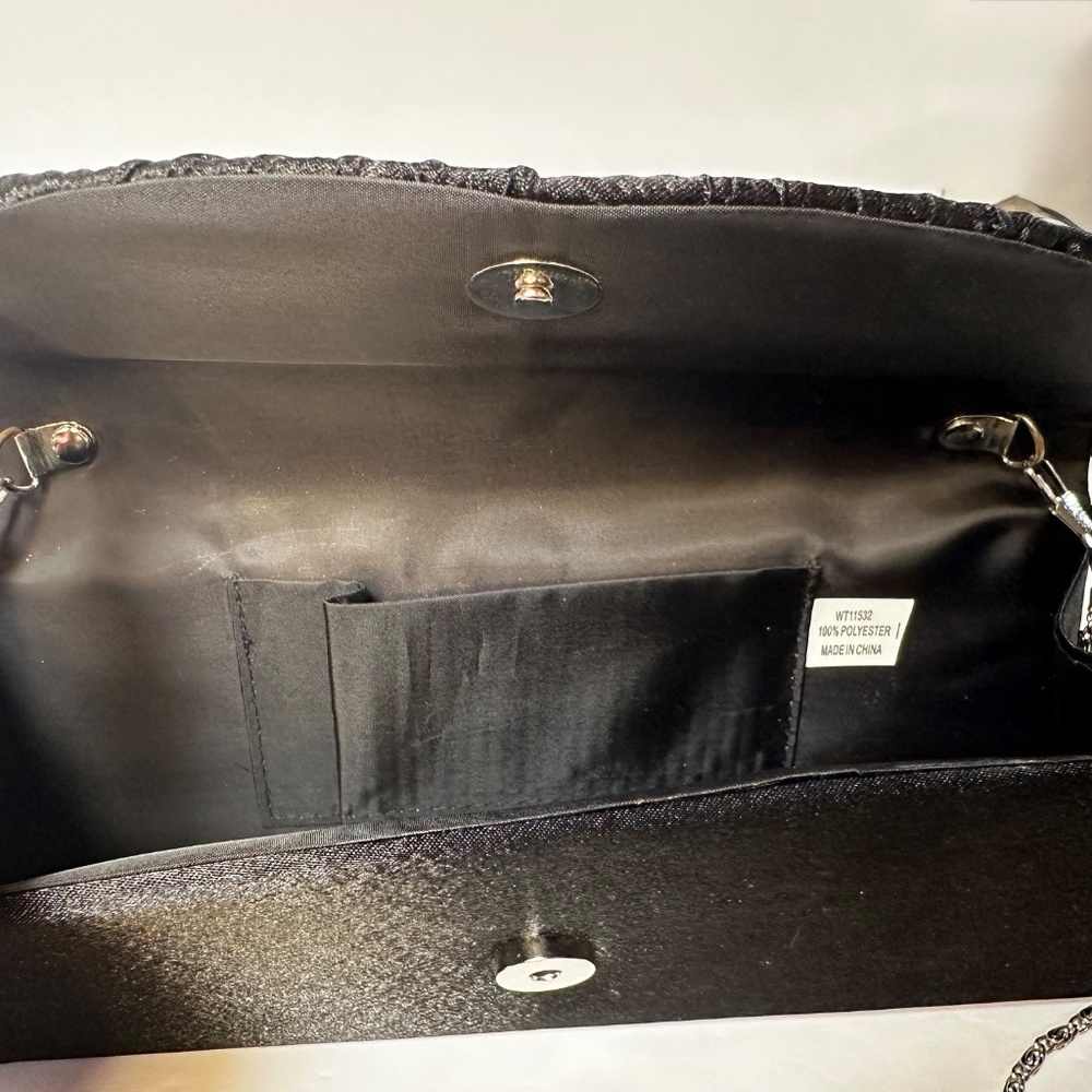 Vintage Black Satin Evening Clutch with Rhinestone Clasp & Chain Strap - Picture 7 of 8